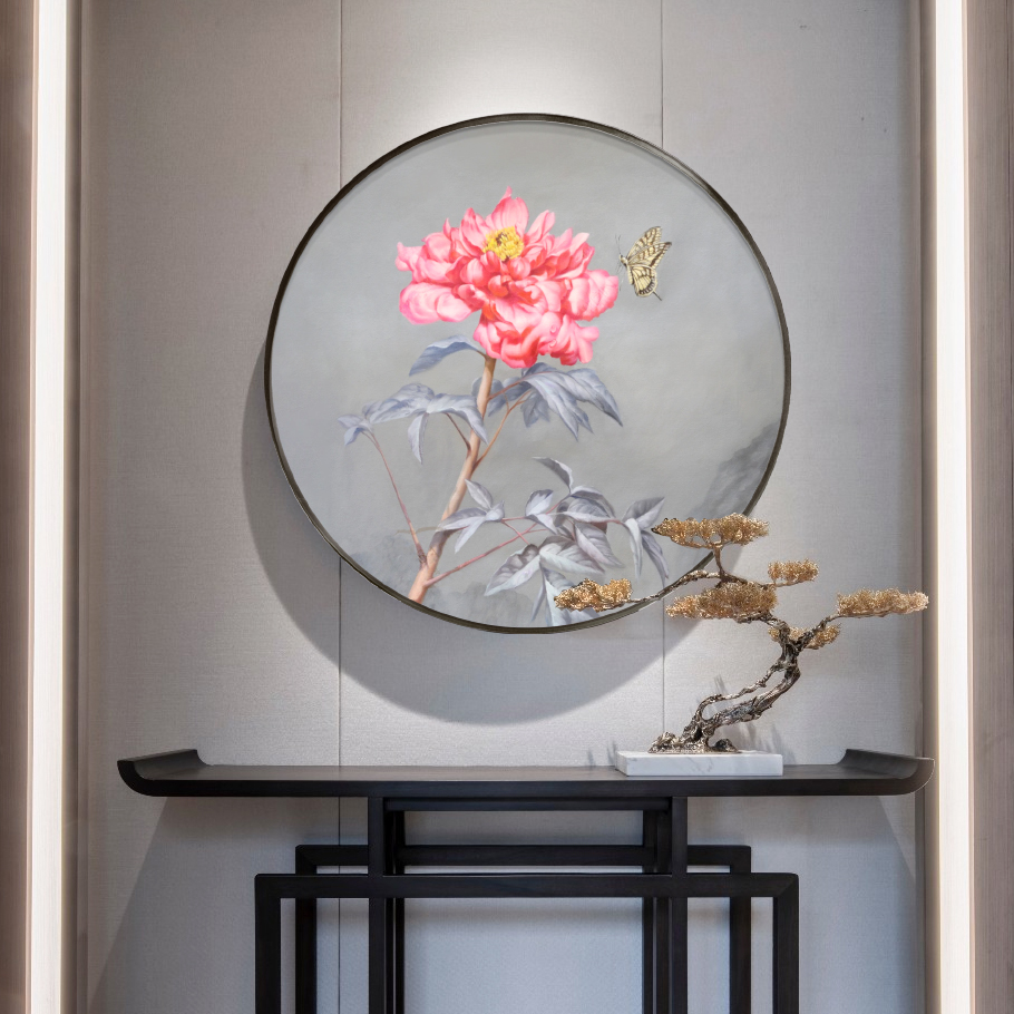 璇美新中式圆形装饰画牡丹花卉油画轻奢入户走廊静物壁画玄关挂画
