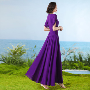 紫色法式连衣裙雪纺2024夏季女新款收腰显瘦度假超长裙到脚踝1691