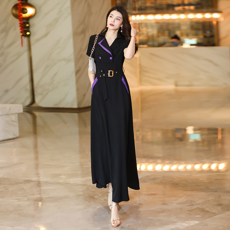 黑色高级感连衣裙2024女夏季新款腰带显瘦高端气质超大摆长裙1894
