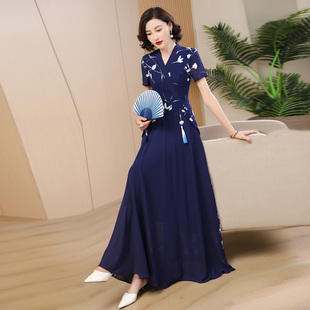 新中式轻国风连衣裙蓝色气质显瘦2024夏新款小众设计超长裙女1718