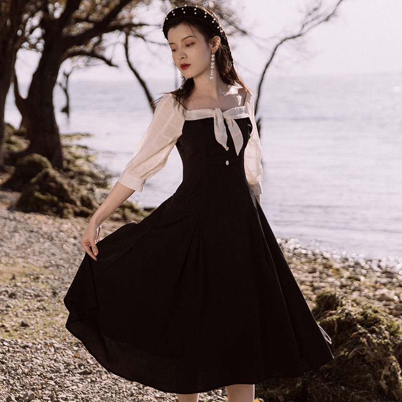 超仙连衣裙网纱拼接仙女甜美赫本风小礼服平时可穿裙子年会一字肩