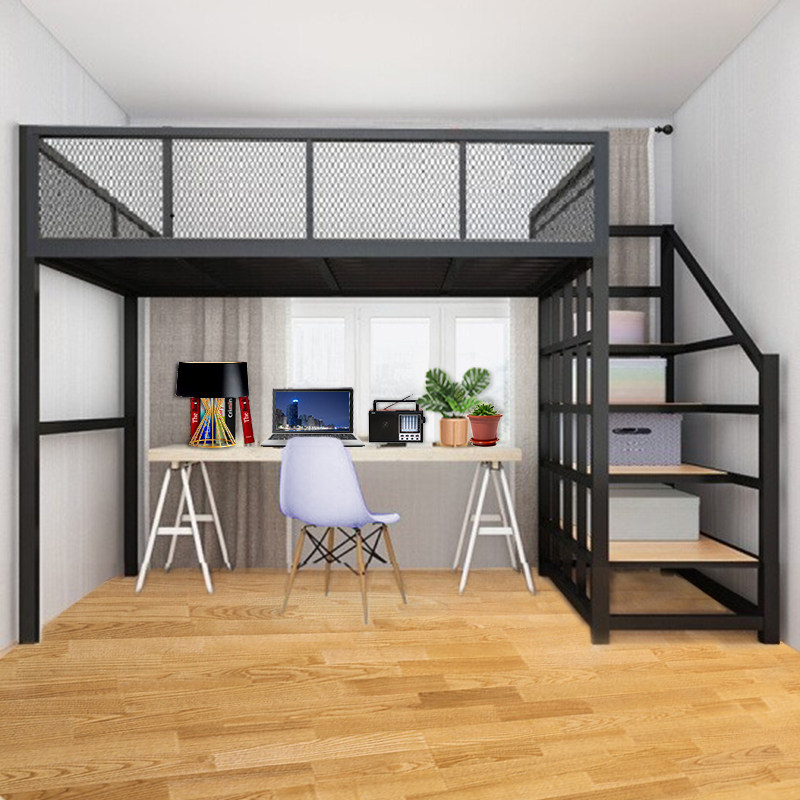 阁楼床北欧铁艺床单上层双人床多功能省空间高架床小户型上床下桌