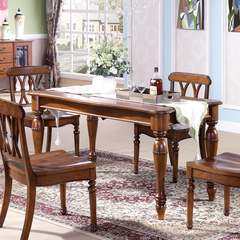 欧式纯实木饭桌 全实木餐桌 1.6米美式乡村长餐桌 6人餐桌椅组合