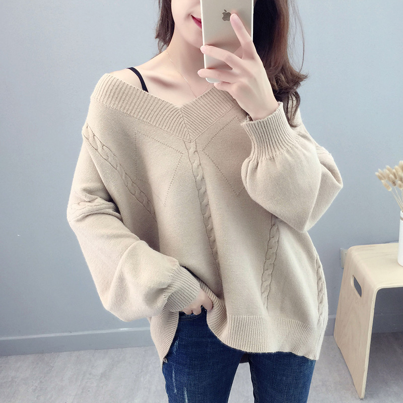 慵懒风网红毛衣女套头v领宽松外穿糖果色韩版小清新甜美厚针织衫