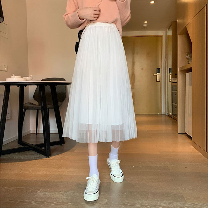 白色纱裙女秋冬季新款小个子a字百褶中长款包臀高腰网纱半身裙子