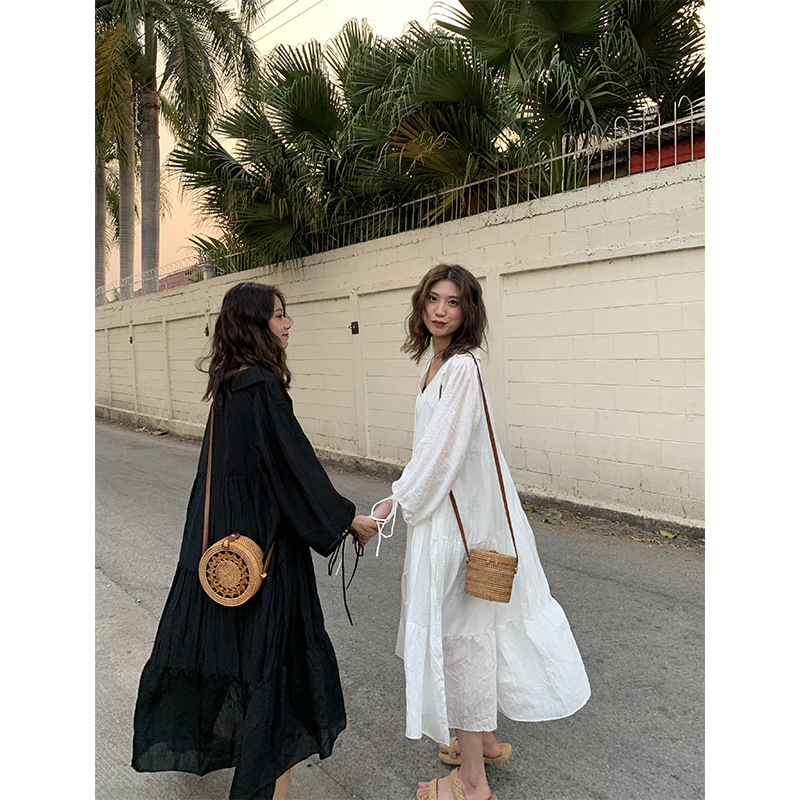 【阿一】春装长袖连衣裙女复古chic灯笼袖两件套宽松褶皱雪纺裙子