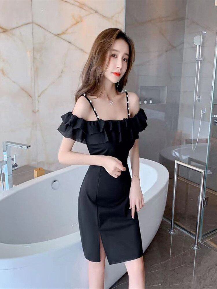 夜场女装一字肩_韩版时尚吊带一字领连衣裙女人味显瘦露肩性感包臀