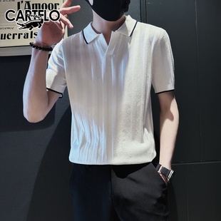 鳄鱼竖条纹针织t恤男士短袖夏季韩版小v领上衣薄款高级感Polo衫男