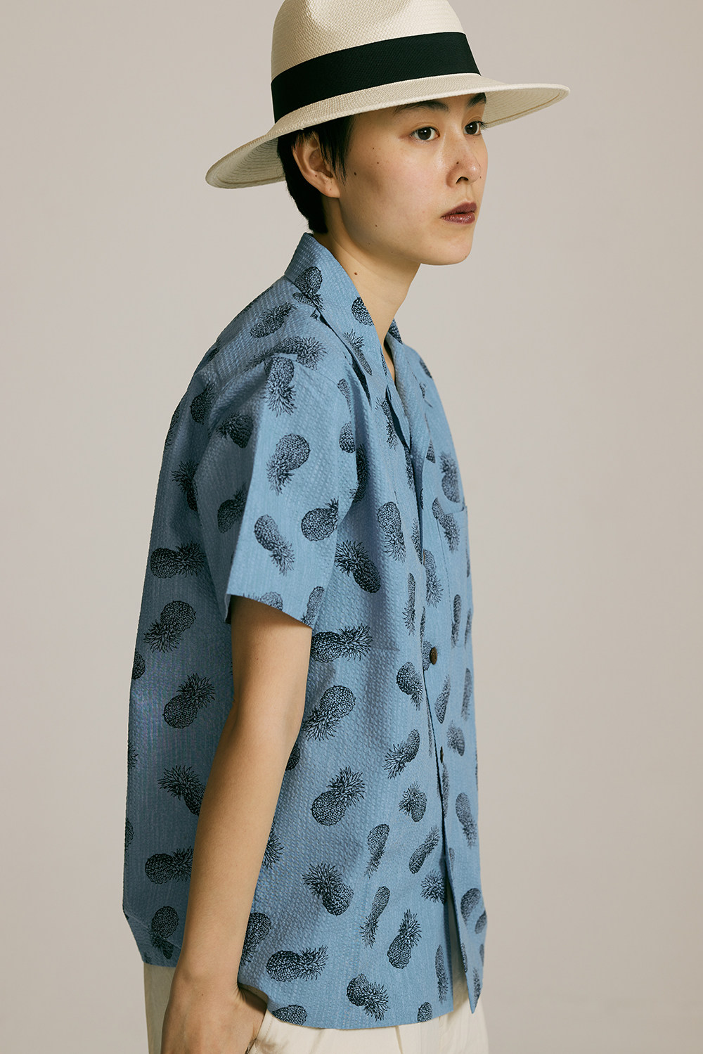 日本进口纯棉泡泡纱菠萝印花aloha短袖衬衫美式复古休闲夏季衬衣