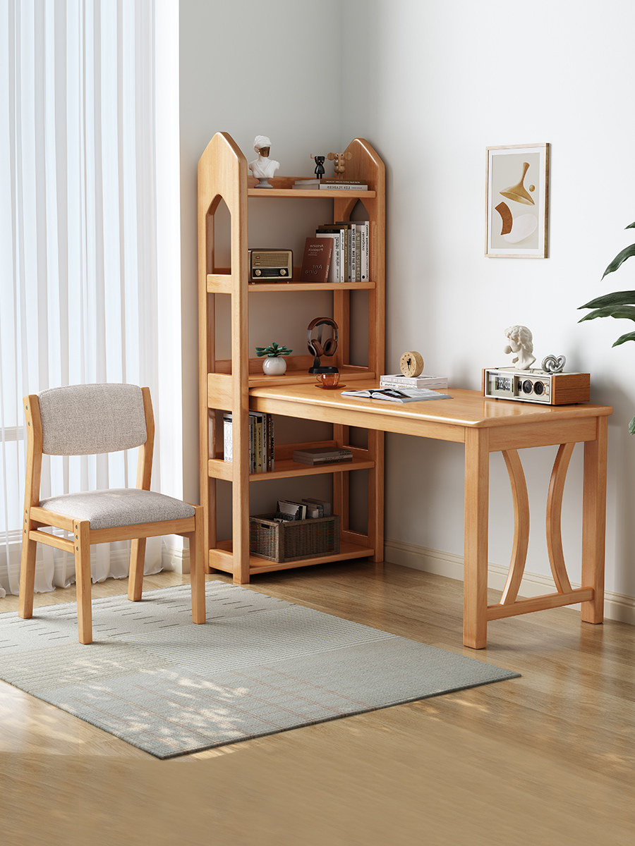 全实木转角书桌书柜书架一体组合电脑桌卧室靠窗学习桌学生写字桌