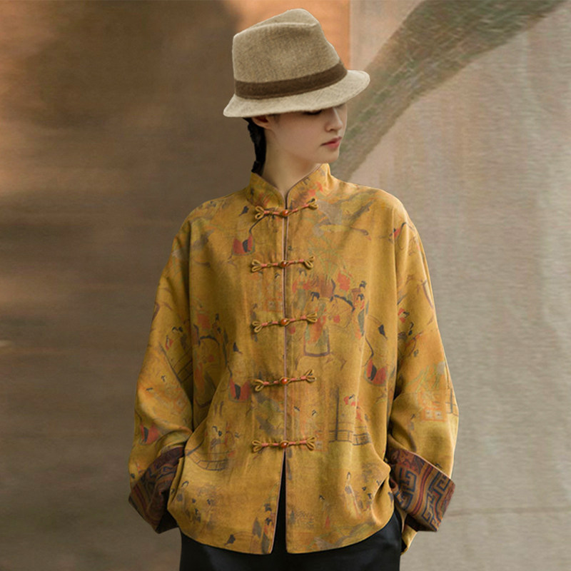 hh0204 真丝香云纱上衣女时尚花罗立领旗袍改良对襟中式唐装短袖