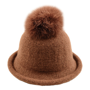 鸵鸟毛大毛球卷边秋冬天渔夫帽子