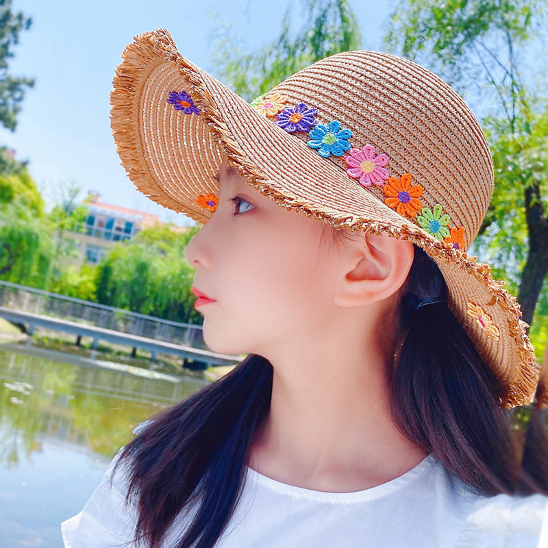夏季女童大檐草帽儿童海边旅游太阳沙滩帽子小女孩可爱防晒遮阳帽