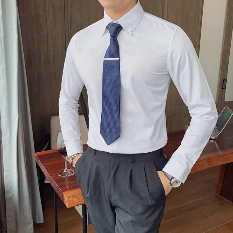 秋季商务男士免烫长袖衬衫韩版修身上班职业衬衣时尚纯色百搭上衣