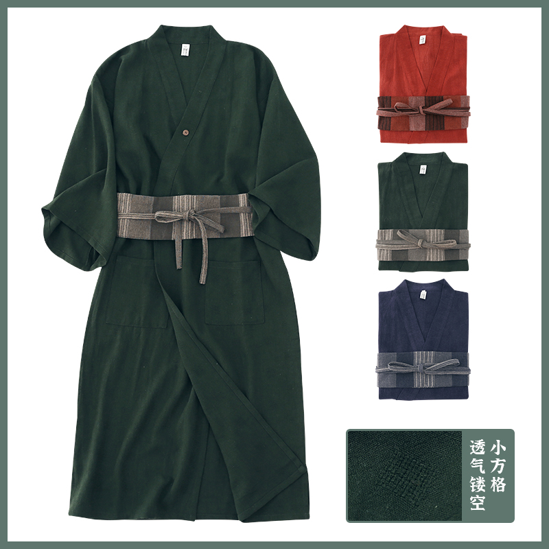 墨绿睡衣日式和风宽松纯色睡袍复古睡裙浴衣简约家居服情侣两件套