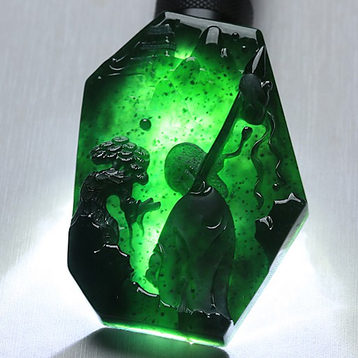 【即拍即得】老坑冰种墨翠木那风雪夜归人意境吊坠67.30克含绳重