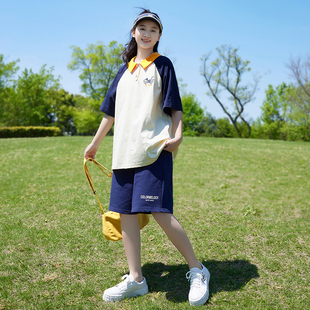 休闲套装初中生少女夏季新品运动绣花拼色POLO衫短裤宽松两件套服