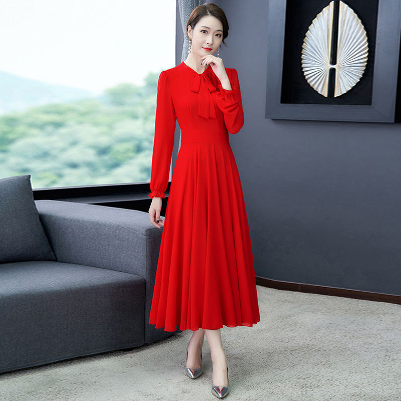 双层大摆跳舞红色长裙子2021新款春夏显瘦气质长袖大码雪纺连衣裙