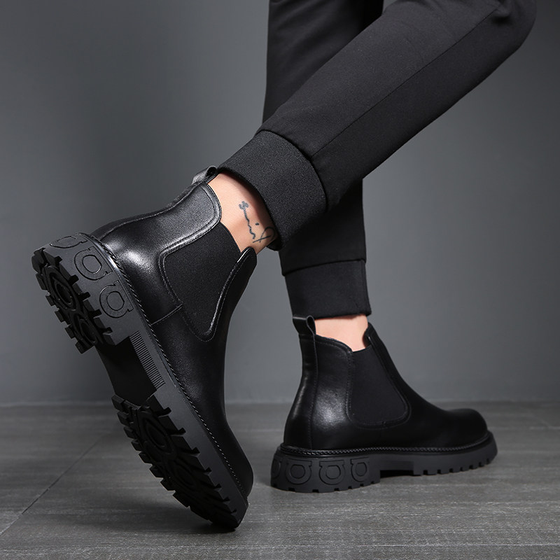 切尔西短靴男真皮马丁靴中帮皮鞋厚底百搭休闲英伦工装皮靴子男潮