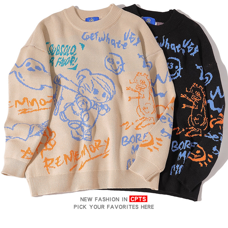 潮牌手绘卡通秋冬毛衣日系学院风网红