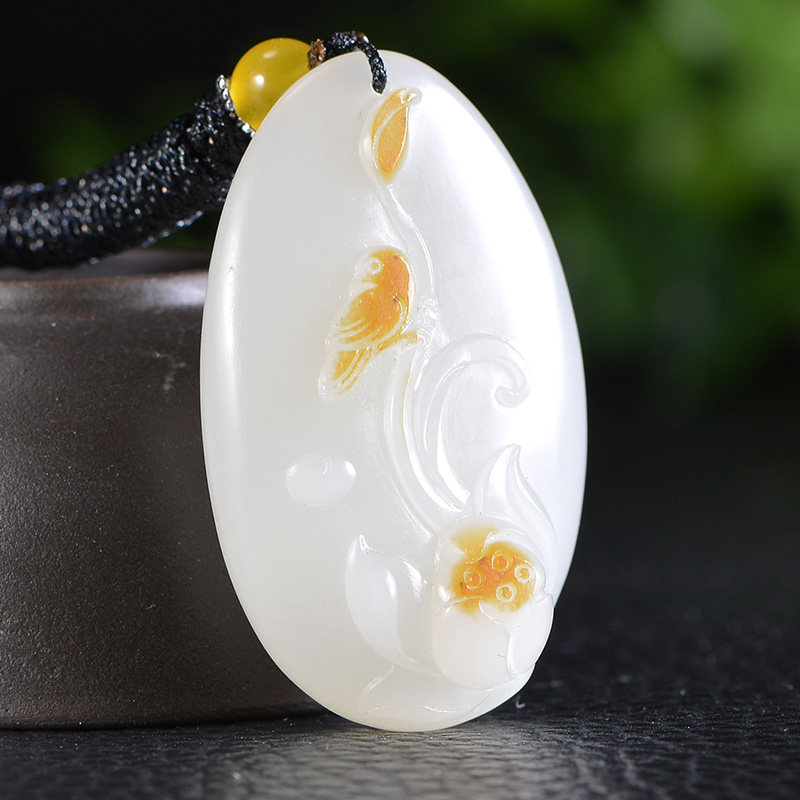 【喜事连连迎新春】玉雕精品和田玉白玉花鸟挂件 19.55g