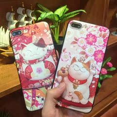 卡通招财猫 iphone7手机壳浮雕硅胶软套苹果6plus全包防摔女挂绳5