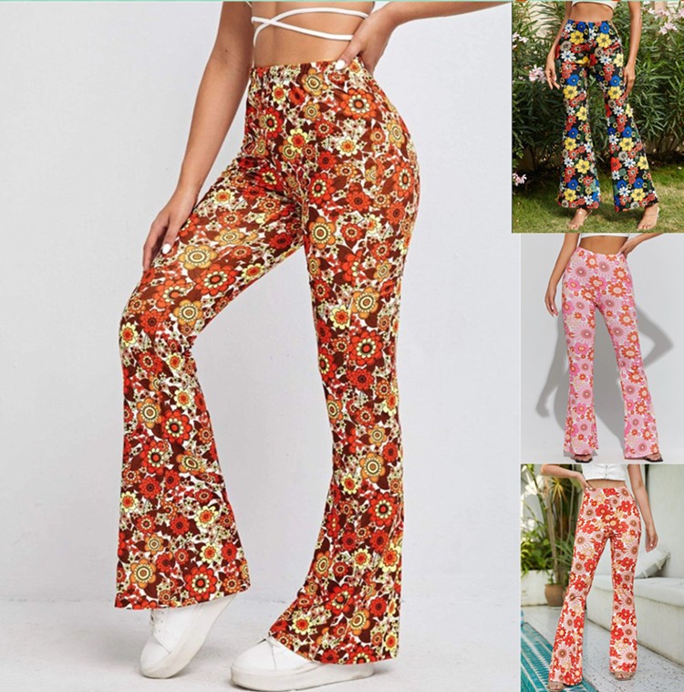 Sexy floral micro la trousers woman 性感碎花微喇长裤女