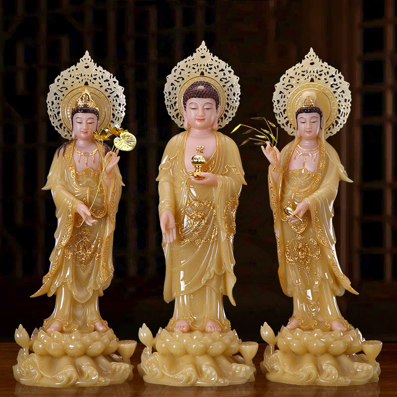 圆通佛具石雕西方三圣汉白玉摆件黄玉金镶玉阿弥陀佛观音佛像站像