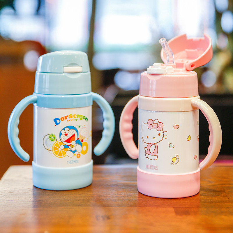 膳魔师儿童不锈钢保温杯宝宝吸管杯婴儿学饮杯幼儿水壶手柄喝水杯