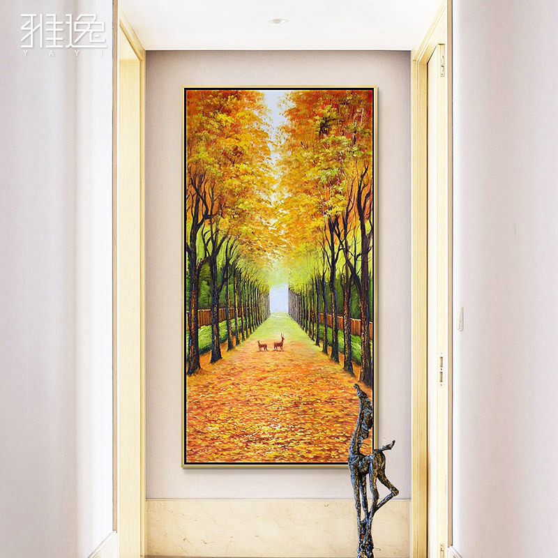 现代简约玄关装饰画新中式油画黄金大道壁画麋鹿走廊过道墙面挂画