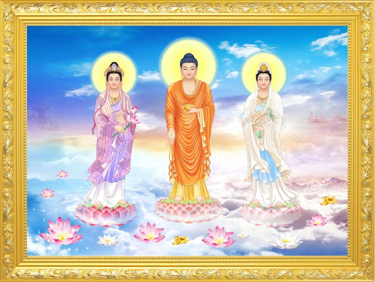 大小款西方三圣阿弥陀佛观音大势至菩萨佛像画像挂画可带实木框