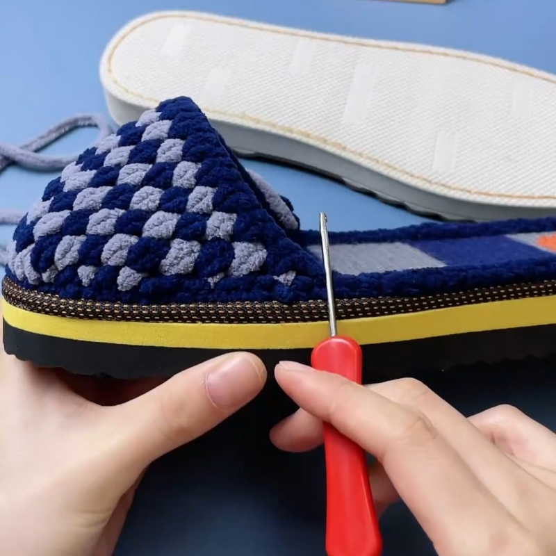 深蓝+浅灰 拖鞋材料包 手工编织毛线拖鞋勾拖鞋毛线鞋底一套 教程