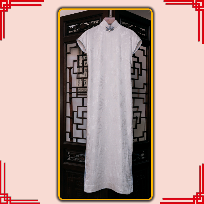 新款旗袍淡雅白色印花长款无袖改良手工盘花宴会年会少女装连衣裙