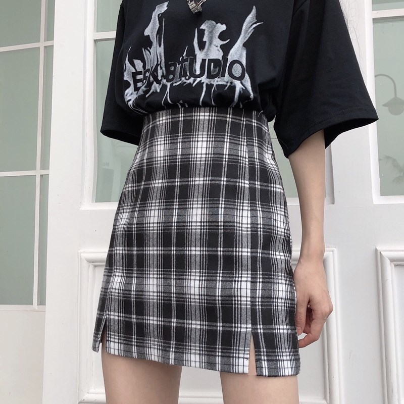 大码bm格子半身裙女高腰显瘦ins包臀一步裙胖mm学生防