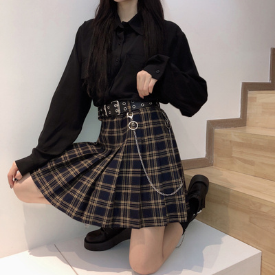 大码黑暗系链条格子百褶裙高腰显瘦防走光短裙jk格裙半身裙裤秋冬