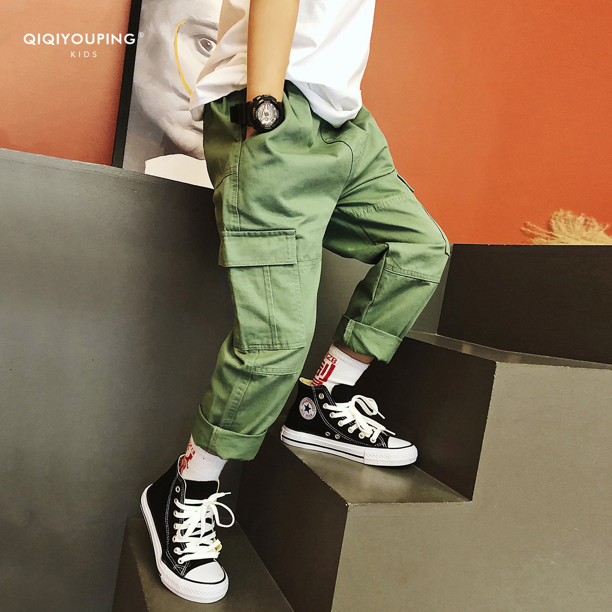 奇奇优品童装儿童工装裤宽松春秋2019新款男童港风长裤子中大童潮