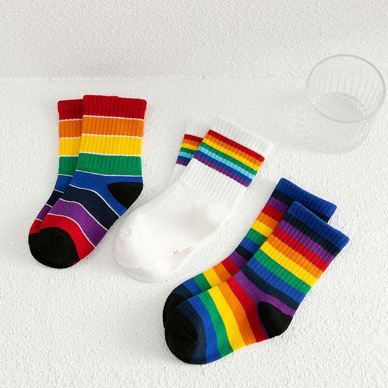 2020秋冬季新款儿童袜子彩虹中筒袜男童女童潮流袜子学生宝宝棉袜