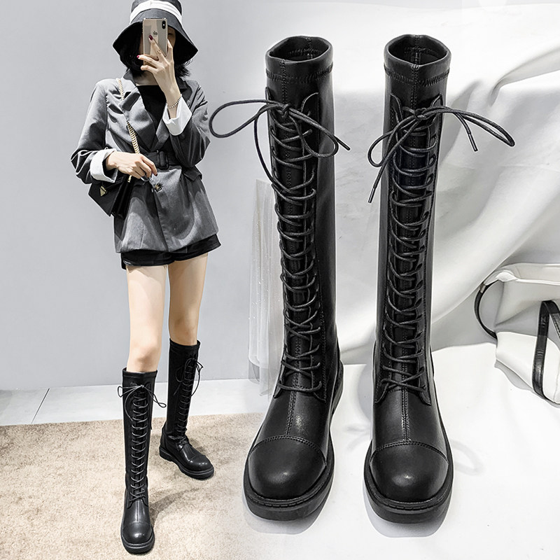 包邮 弹力系带长靴女2019新款秋绑带长筒高筒靴子女不过膝靴骑士皮靴