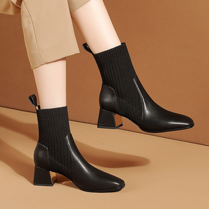 秋季新款女靴子毛线筒弹力瘦瘦靴方头高跟小短靴加绒粗跟女士皮靴