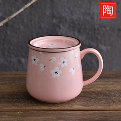 日式樱花陶瓷杯子水杯麦片杯水杯创意带盖咖啡杯马克杯带盖早餐杯