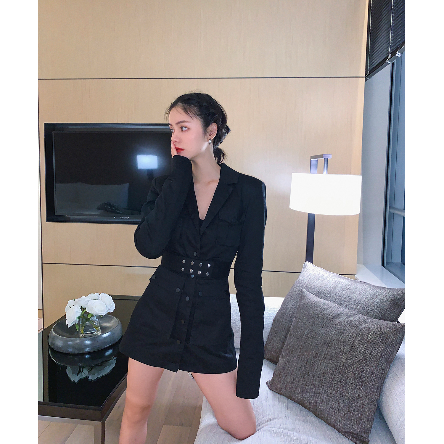 西装领连衣裙秋冬_汤元家sd高冷御姐风连衣裙秋冬女网红收腰显瘦新年