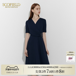 Scofield女装v领不规则褶皱设计假两件连衣裙2024夏季新款