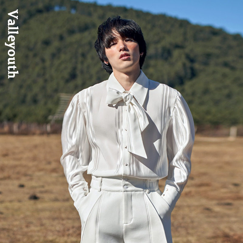 波尔 复古轻奢醋酸飘带法式羊蹄袖潮流白衬衫 独立设计师原创男装