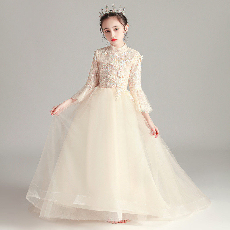 十岁小女孩成长生日宴轻奢婚纱公主裙长袖儿童走秀钢琴主持晚礼服