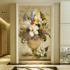 无缝3d立体玄关壁纸欧式油画走廊过道走道背景墙花卉花瓶墙纸壁画