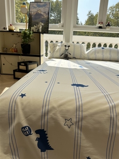 简约蓝色条纹恐龙纯棉床笠床单单件1.35米保护套全棉床罩宿舍男生