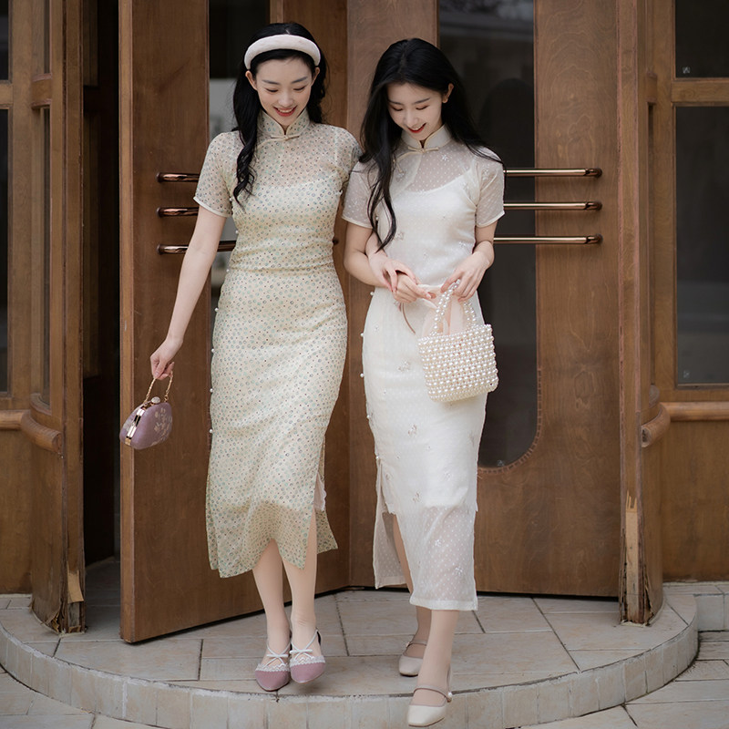 晓公子|青流烟|一片式复古民国风日常修身显瘦长款短袖旗袍裙闺蜜