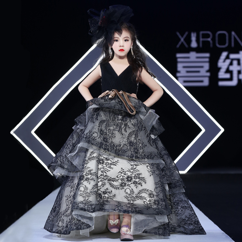 女童走秀礼服儿童高端气质舞台模特主持人10岁小女孩演出服拖尾裙