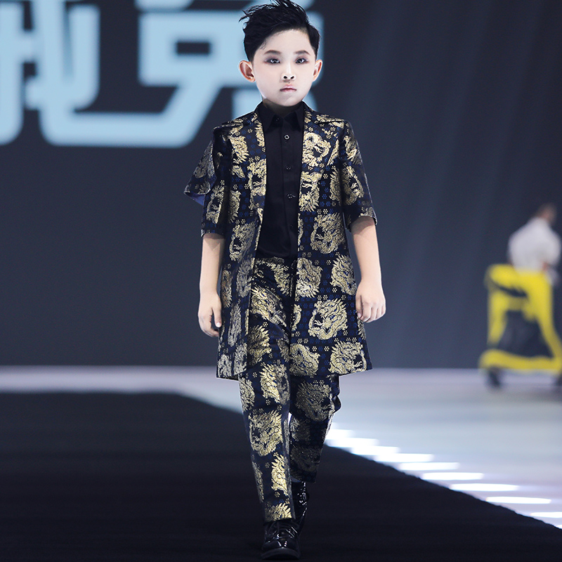 儿童礼服男童西装套装三件套2021新款模特小主持人走秀潮服演出服