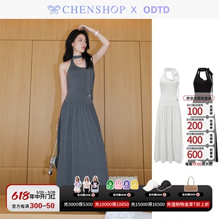 ODTD时尚针织拼接百褶吊带挂脖连衣裙修身百搭CHENSHOP设计师品牌